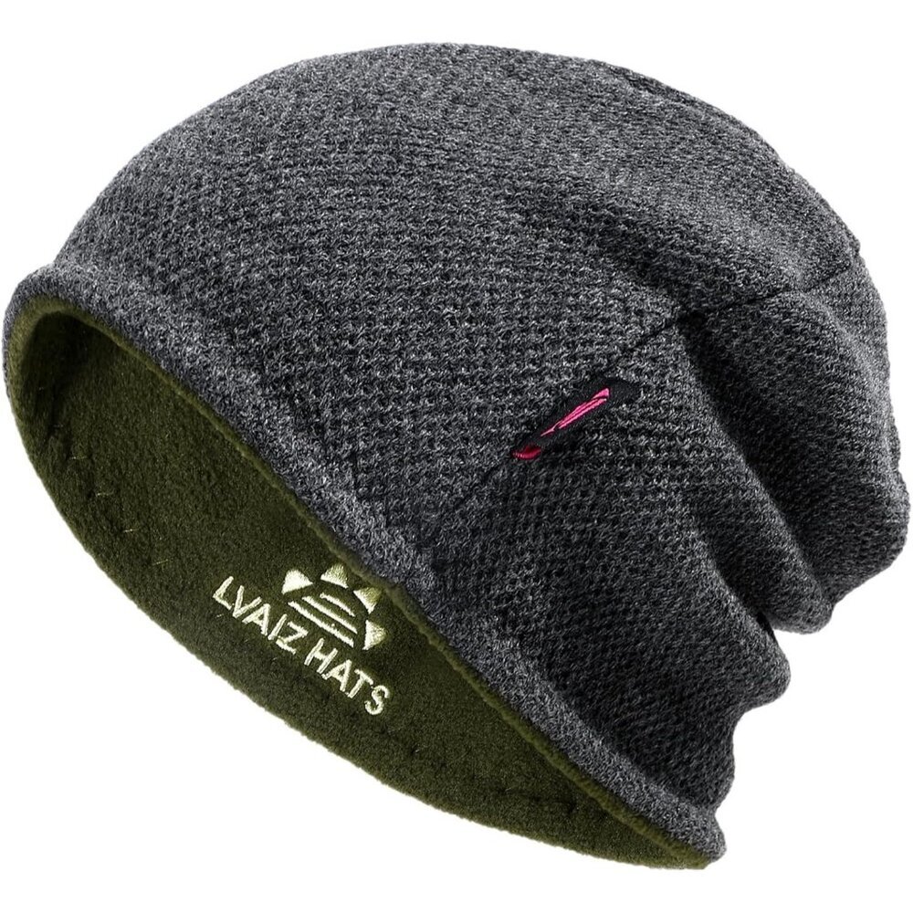 MenGrey+dark Green Lvaiz Fleece Lined Beanie Hat Windproof Winter Unisex